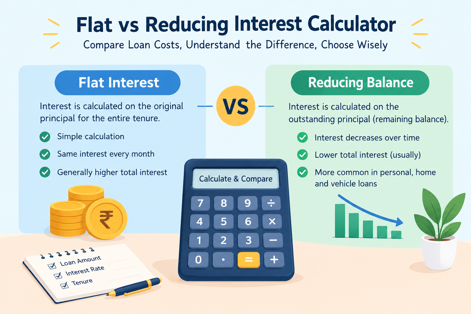 Flat vs reducing interest calculator infographic comparing flat interest and reducing balance interest methods, highlighting loan interest calculations, repayment costs, and the benefits of comparing loan options.